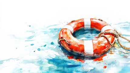 A watercolor illustration of a lifebuoy floating in water, featuring vibrant orange and white colors against a serene blue background.