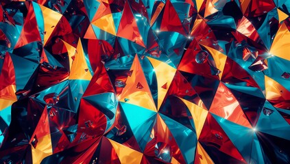 Displaying abstract triangular facets filling frame, reflecting red turquoise gold light