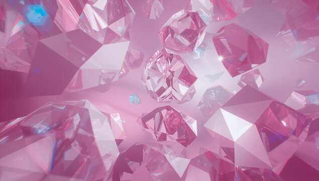 Floating cluster of clear pink crystals shimmering in abstract 3D space, with cyan-blue fragments