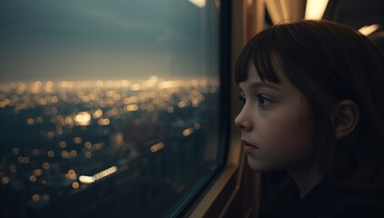 Asian girl wearing coat gazing through train window at dusk, with lighting fixtures, copy space