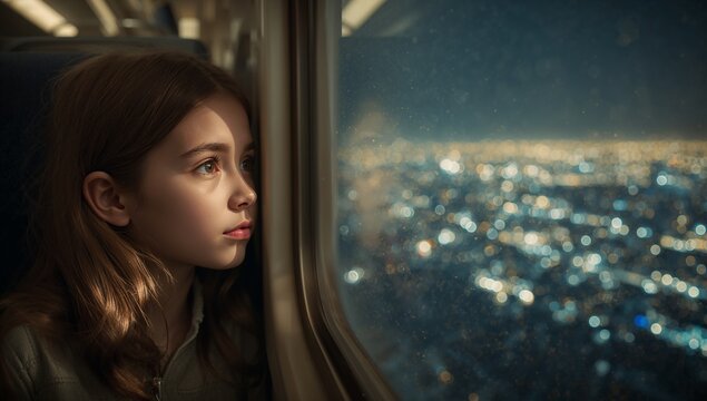 Gazing child wearing jacket at airplane window at night, with city lights view, copy space