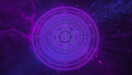 Floating arcane sigil featuring glowing hexagram and swirling violet particles in cosmic backdrop
