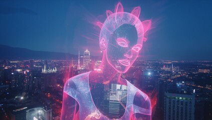 Displaying neon-pink female hologram hovering over downtown skyscrapers at dusk with wireframe grid