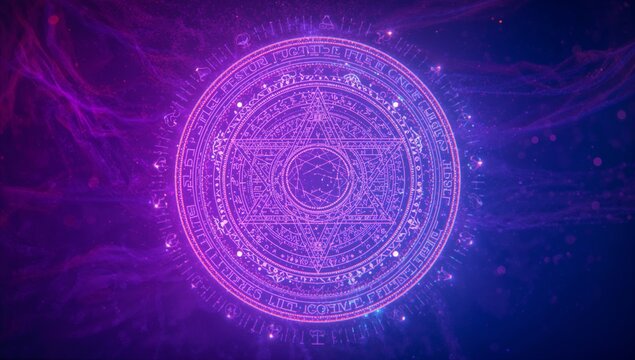 Floating magical circle glyph in dark void, with runic rings, star patterns, energy wisps, sparks