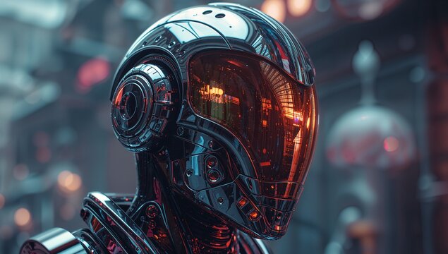 Displaying humanoid robot head with orange visor and chrome panels in lab, glowing circuitry - Powered by Adobe