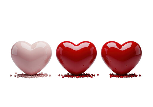 Three perfectly sculpted, highly glossy, reflective 3D hearts in blush pink and crimson red, with pearlescent beads on a pristine surface, transparent background, concept of refined luxury