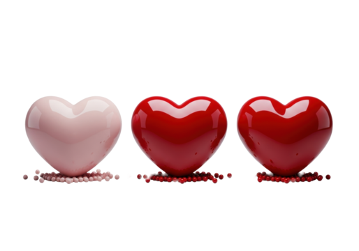 Three perfectly sculpted, highly glossy, reflective 3D hearts in blush pink and crimson red, with pearlescent beads on a pristine surface, transparent background, concept of refined luxury