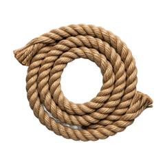 Thick, coarse brown jute rope with robust braided fibers in an organic coil, beside a pale grey river stone, on a pristine transparent background with high-key lighting, concept of natural minimalist