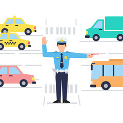 Vector illustration of a traffic police officer in uniform directing the flow of cars, a bus, and a truck at a busy city intersection with a crosswalk