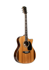 Obraz premium Premium acoustic guitar, natural wood grain, black pickguard, three dark picks, angled 45 degrees, on solid transparent studio background, concept of pristine quality and craftsmanship