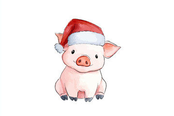 Obraz premium Cute Watercolor Piglet Wearing Santa Hat for Christmas and New Year