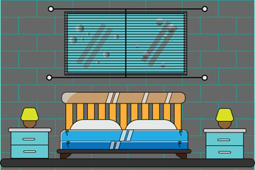 A cozy bedroom with a bed, nightstands, lamps, and a window with blinds in a brick wall room