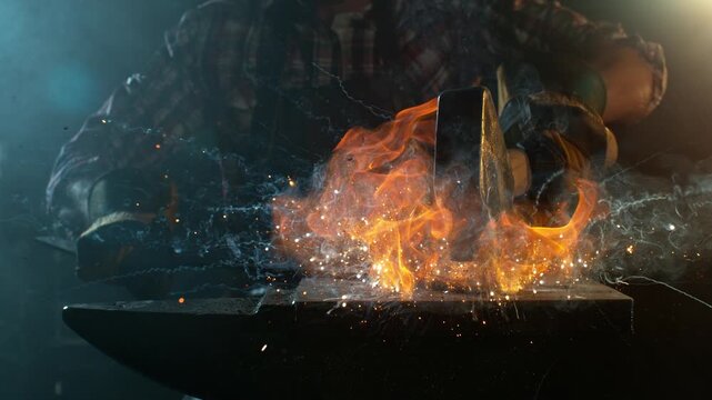 Close-up of blacksmith forging glowing hot iron on anvil with flying sparks. Super slow motion filmed on high-speed cinema camera at 1000 fps