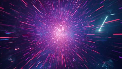 Central neon burst emitting in space, with radiating streaks, triangular particles and neon beams