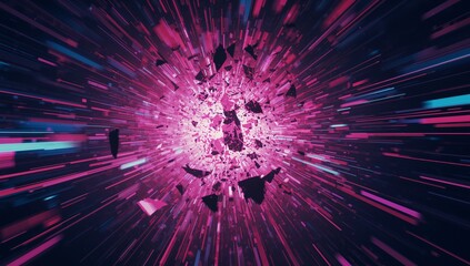 Bursting central core sending neon pink shards into digital void, with pixel fragments, light beams