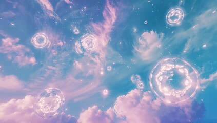 Drifting translucent glowing bubble floating among pink clouds over open sky at sunrise, copy space