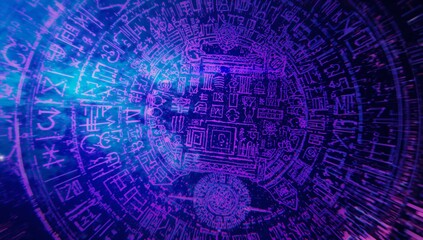 Digital mandala glowing and radiating in holographic interface, with glyphs and circuit traces