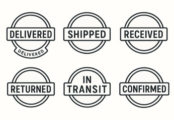 Transport and delivery status stamps: delivered, shipped, received, returned, in transit, confirmed