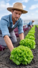 Focused farmer in straw hat tending to rows of fresh green lettuce in a sunlit field with a greenhouse in the background