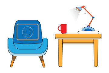 A blue armchair and a table with a lamp and a mug