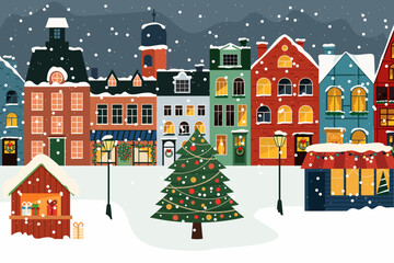 Fototapeta premium Winter christmas landscape with snowy houses. Winter city