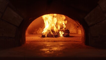 Burning split firewood logs sending flickering flames over ash-covered oven floor in firebrick oven