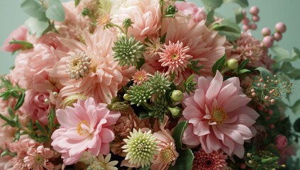 Displaying bouquet showing pink dahlias hypericum berries seed pods against mint-green backdrop