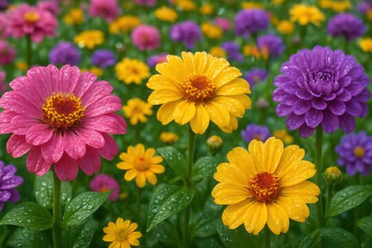 Dew-Kissed Blomster Blossoms in Pink, Yellow, and Purple Blooming Freshly After Rain