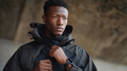 Researcher adjusting smart jacket control interface displaying temperature regulation data, symbolizing AI-driven fashion design, human comfort optimization, and advanced material science for