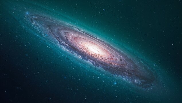 Glowing tilted spiral galaxy occupying center in space, with luminous core, dust lanes and stars - Powered by Adobe