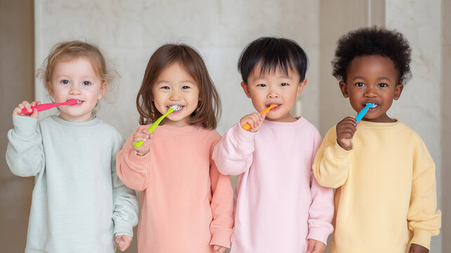 楽しく歯磨きする子どもたちのひとこま