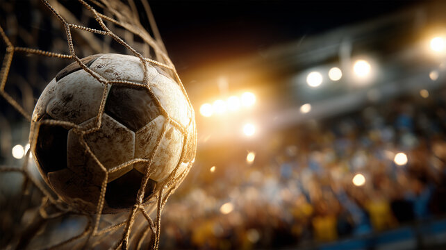 ゴールネットを揺らす決定的瞬間のサッカーボールのシーン