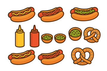 Classic American fast food set with hot dogs, soft pretzels, mustard, ketchup, and relish