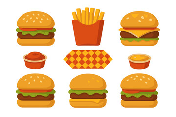 Classic cheeseburgers, hamburgers, french fries, and dipping sauces isolated on white