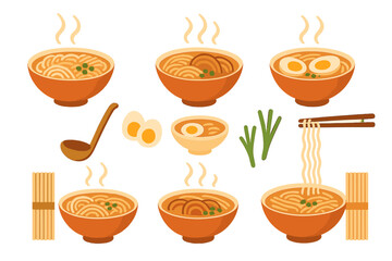 Collection of Japanese ramen noodle soup bowls with eggs meat and chopsticks