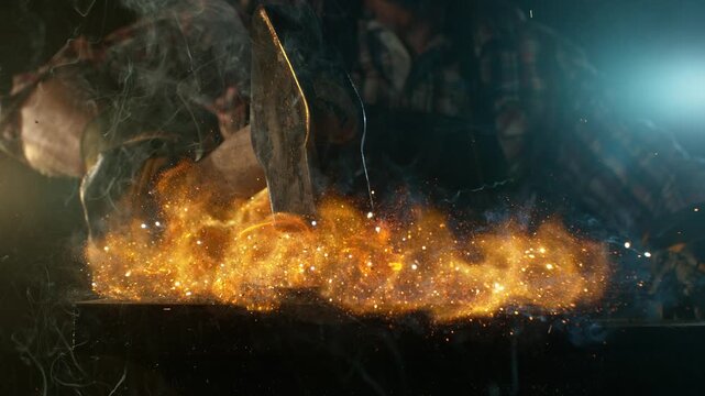 Close-up of blacksmith forging glowing hot iron on anvil with flying sparks. Super slow motion filmed on high-speed cinema camera at 1000 fps