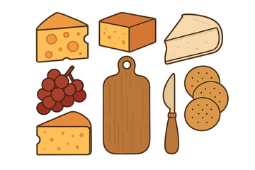 Cheese assortment with blocks, wedges, grapes, crackers, wooden cutting board, and knife