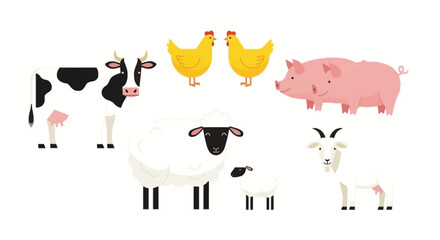 Flat illustration of various farm animals standing together on a white background