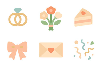 Essential wedding ceremony and party icons featuring rings, floral bouquet, cake slice, and invitation envelope