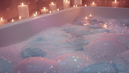 Filling white bathtub with iridescent foam in bathroom, with glittering bubbles, lit pillar candles