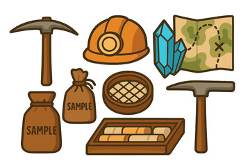 Mining and prospecting tools collection including hard hat, pickaxe, dynamite, map, crystals, and sample bags