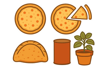 Whole and sliced pizza, calzone, food can, and fresh potted herb plant