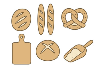 Assortment of bakery items and tools: bread, pretzel, wooden board, and flour scoop