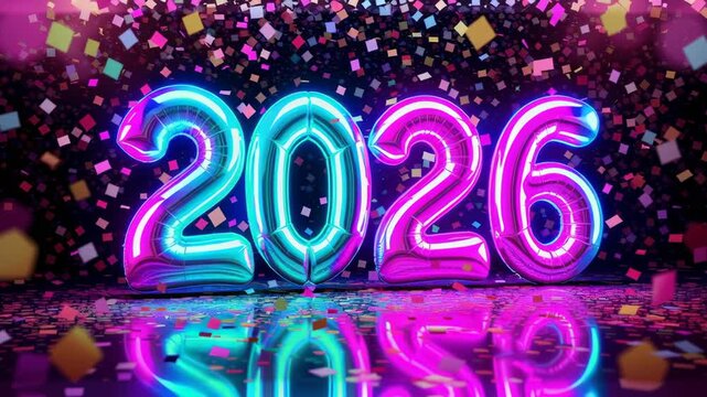Neon 2026 numeral digit party celebration with colorful confetti, vibrant glow, shiny balloon, reflective floor, bokeh sparkle, new year joy