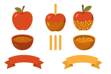 Autumn caramel apple ingredients set including fruit, dipping sauce, toppings, sticks, and ribbons