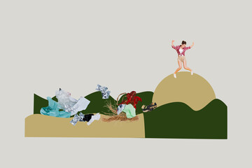 Modern earth day collage showing hills of trash highlighting pollution recycling plastic usage volunteering responsible planet attitude