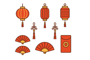 Traditional Chinese New Year symbols set: lanterns, decorative knots, folding fans, red envelope