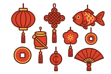 Traditional Chinese New Year ornaments set featuring lanterns, lucky knot, fish, and coins