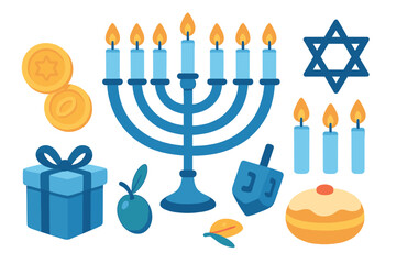 Traditional Jewish Hanukkah holiday symbols set including menorah, dreidel, and sufganiyot