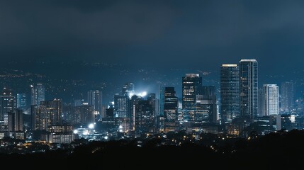 Obraz premium Wide view of neon-lit winter skyline powered by renewable energy sources, emotion of inspiration visible, representing sustainable architecture, smart grids, and innovation in urban climate design.